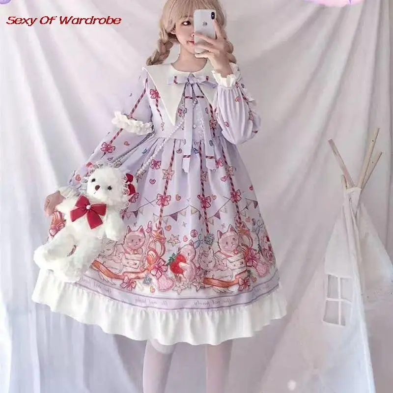 Japanese Sweet Kawaii Cute Lolita Women Fashion High Street Long Sleeves Fairy Dress Korea Harajuku Lace Flouncing Dress Lolita Dress,Lolita Suspender Dress,Lolita Cosplay Costumes,Suspender Dress