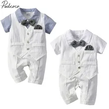Летняя одежда для малышей Одежда для маленьких мальчиков; детский смокинг костюм униформа-комбинезон короткий рукав джентльменский комбинезон с галстуком-бабочкой Костюмы на возраст от 0 до 24 месяцев