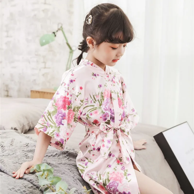 Милая одежда для сна для девочек, детское кимоно с цветочным принтом и животными, ночная рубашка для девочек, детский халат, пижама, одежда для сна, ночное платье - Цвет: P