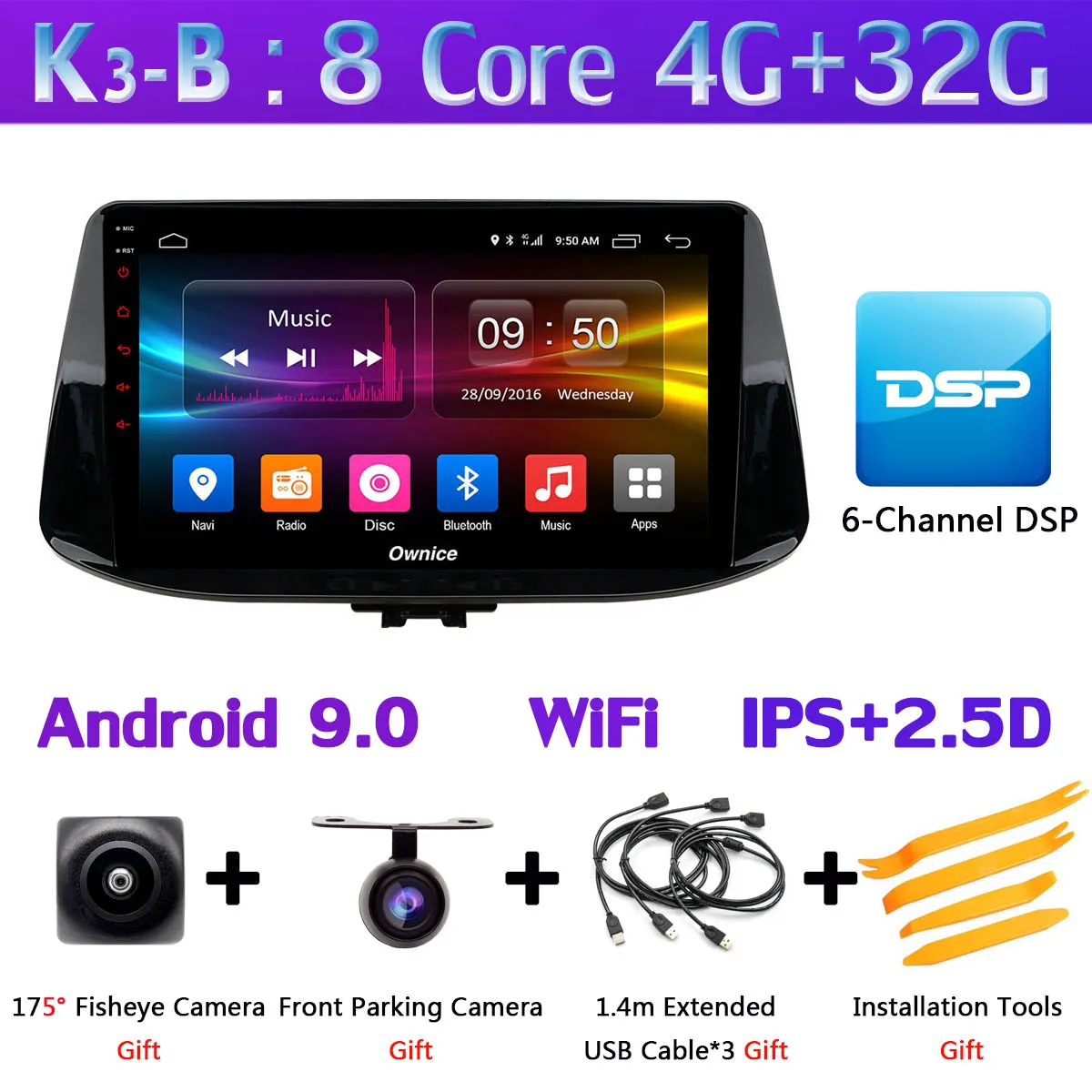 360 ° камера 1Din Android 9,0 8 ядерный 4 гб озу+ 64 гб пзу gps радио CarPlay SPDIF DSP автомобильный плеер для hyundai i30 стерео - Цвет: K3-B