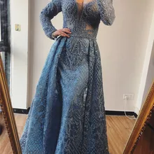 Дубай полное кружево с длинным рукавом вечернее платье Русалка v-образным вырезом Кристалл Ручной работы синий арабский формальное платье размера плюс DLA70159