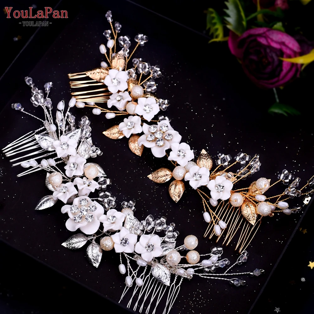 YouLaPan HP337 Elegant Bridal Combs with Flower Wedding Hair Accessories Ladies Hairpins Beach Brides Headpiece Women Tiara