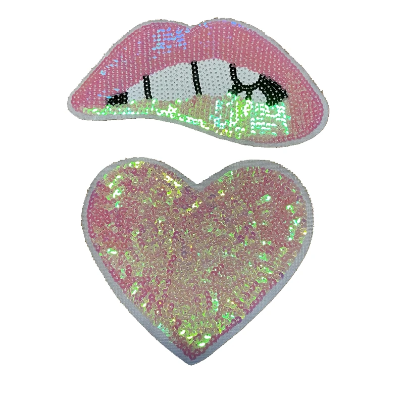 

1Set Pink Sequin Heart Love Patches iron on Embroidery Applique Sew On Clothing Or Bags Sewing Supplies Decorative