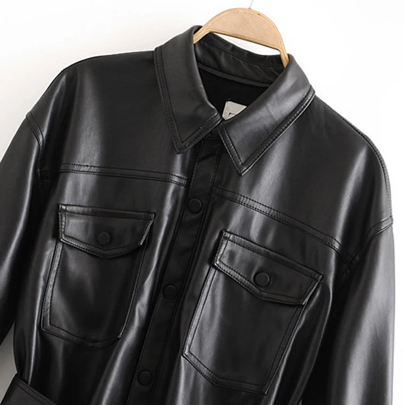 Koop Pu Lederen Jas Vrouwen Winter Enkele Breasted Lange Mouwen Effen Vrouwelijke Jas Met Riem Vintage Zakken Knoppen Uitloper Dames Tops
