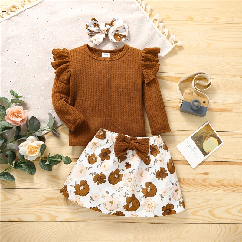 sun baby clothing set 3Pcs Kids Summer Tracksuit Girls Solid Color Round-Neck Long Sleeves Tops Floral Skirt Headband Baby's Clothing Sets 3-24 Months Baby Clothing Set comfotable