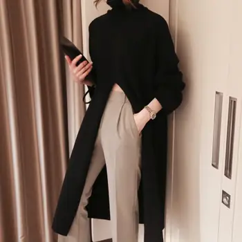 

Fall Winter Long Solid Turtleneck Casual Sweaters Pullovers Long Sleeve Split Knitted Sweaters Female Slit Plus Size Sweaters