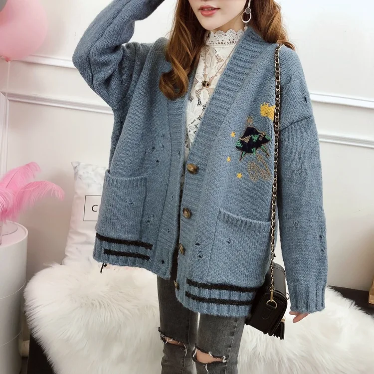 

Women Korean Sweater Knitted Long Cardigan Embroidery Pockets Women Girls Preppy Student Sweet Harajuku Hole Out Sweaters