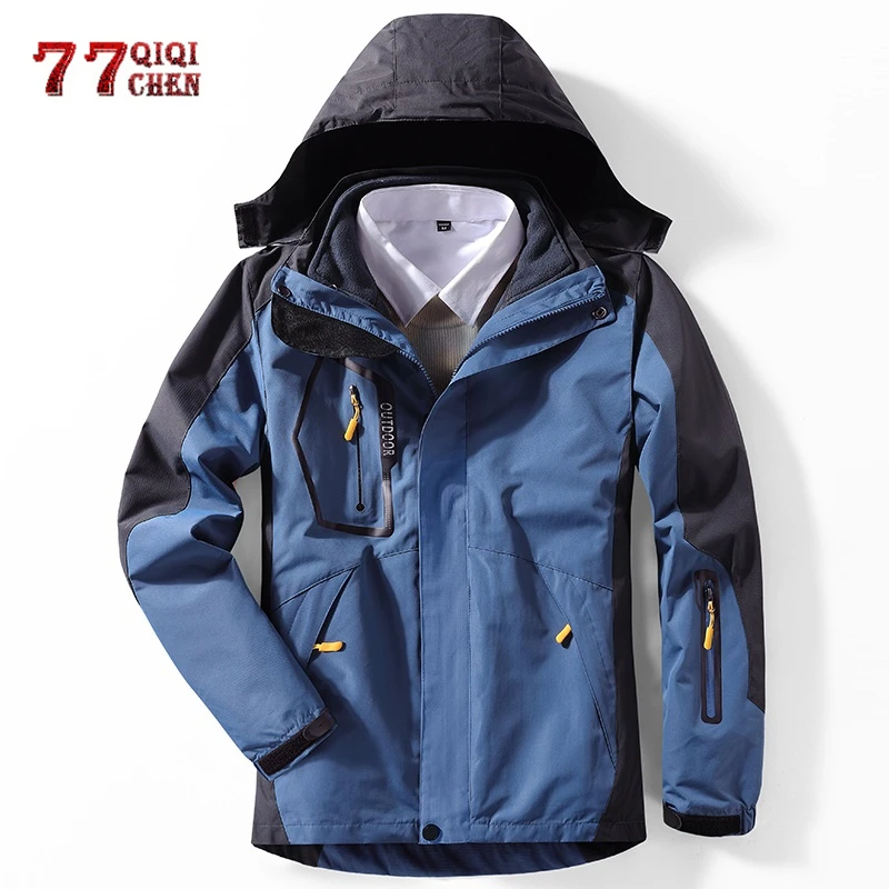 Зимняя парка 2 в 1, мужские толстые теплые зимние куртки, ветровка, водонепроницаемые Лоскутные пальто с капюшоном, Повседневная флисовая куртка размера плюс 8XL