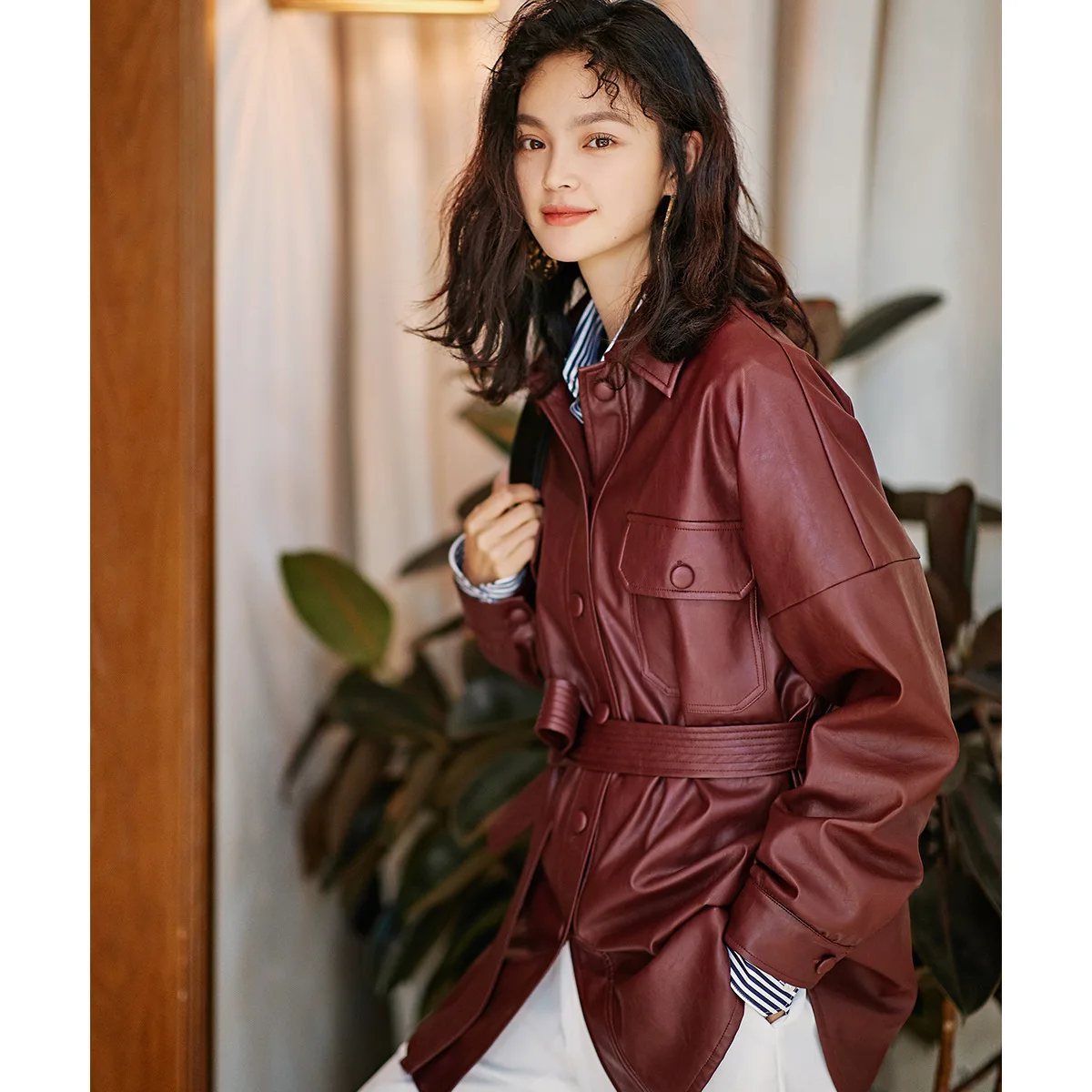 

Shallgar Autumn And Winter New Style WOMEN'S Dress One-Piece Pass Amoy Wine Leather Coat