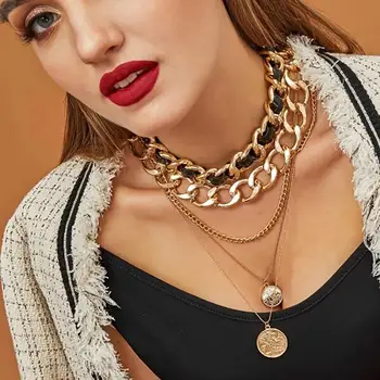 

SHIXIN Punk Separable Layered Choker Necklace for Women Gothic Cuban Link Chain Chunky Necklace Statement Necklaces Coin Pendant