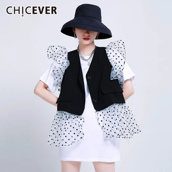 

CHICEVER Women's Suit Patchwork Dot Mesh Ruffles Vest O Neck Short Sleeve Free Size Dresses Two Piece Set Female Fashion 2020