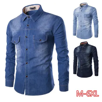 

2020 New Large Size Men's Denim Shirt Chest Double Pockets Slim Long Sleeve Casual Shirt