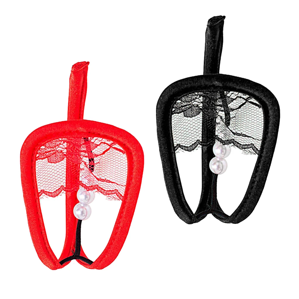 2 Pieces Womens Sexy Pearls Lace C String Thong Underwear Lingerie Red/Black