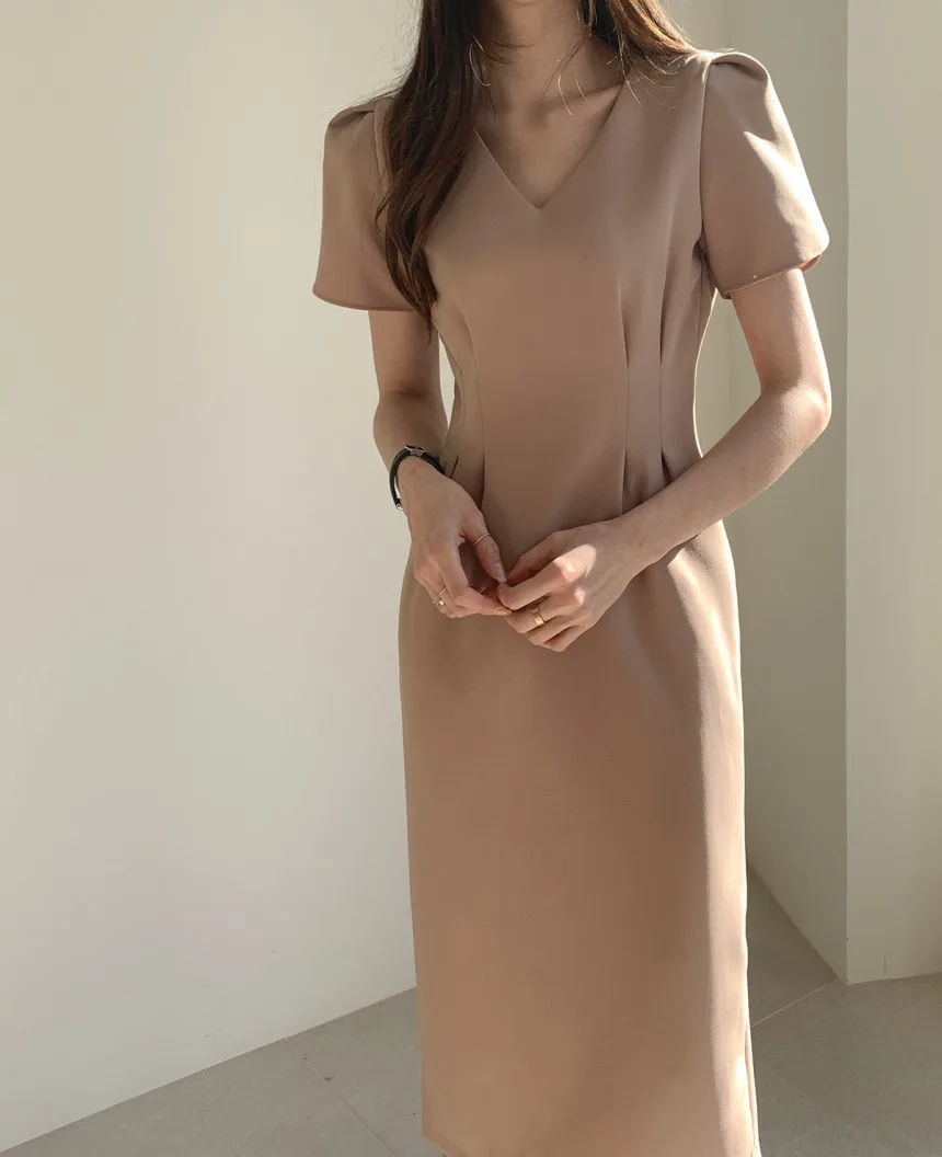 Woherb Korean Chic Women Dress Short Sleeve Casual V-Neck Elegant Office Lady Dresses 2020 New Slim Waist Robe Vestidos Mujer