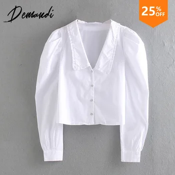 

Demandi 2020 spring ladies white wild sweet cute doll collar high waist short design temperament long sleeve shirt