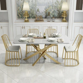 

Nordic small apartment home light luxury marble dining table creative design hotel wrought iron rectangular dining table