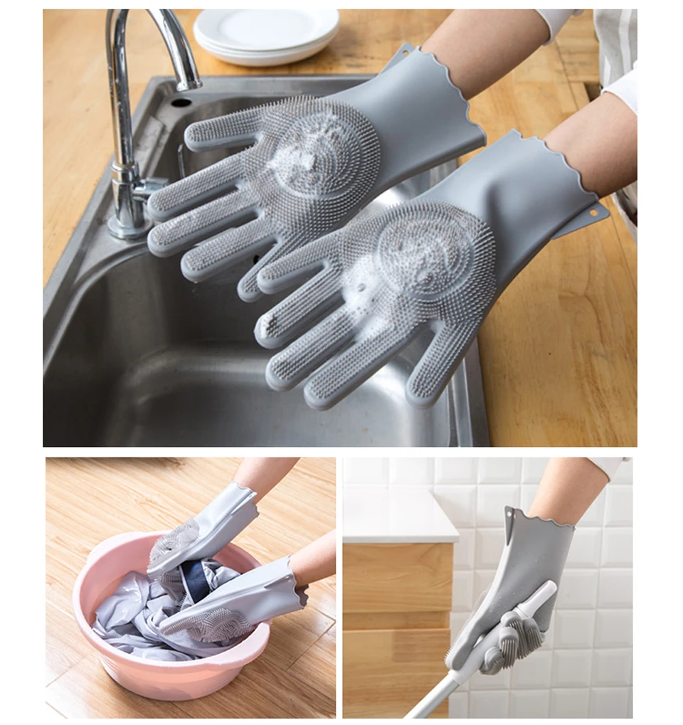 Kitchen Silicone Dishes Washing Glove with Cleaning Brush Garden Housekeeping Magic Silicone Scrubber Rubber Dishwashing Gloves