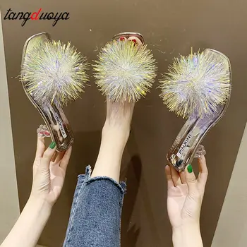 

High heel slippers Woman Summer New Slippers PVC Transparent High Heels Fur Sandals Peep Toe Spike Heel Ladies Slides Shoes 2020