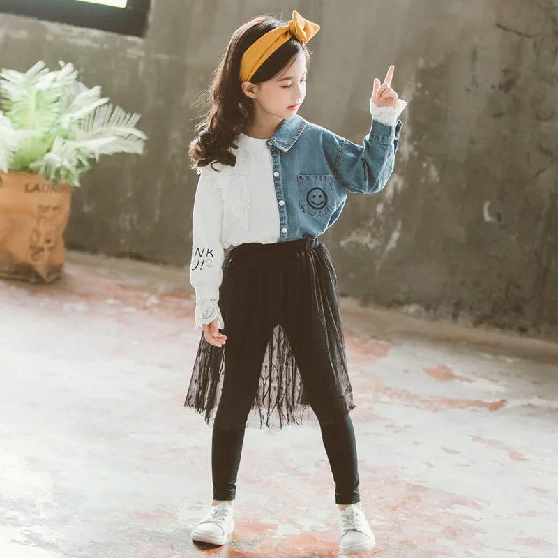 

Korean-style Big Virgin Girls New Style 2019 Casual Autumn Smiley Jeans Yarn Skirt Set Two-Piece Set Fashion Childrenswear