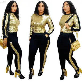 

Tracksuit Women Set O Neck Full Sleeve Top Pants Sequined Solid Color Two Piece Set Suit Casual Fitness Club Outfits Sweatsuit