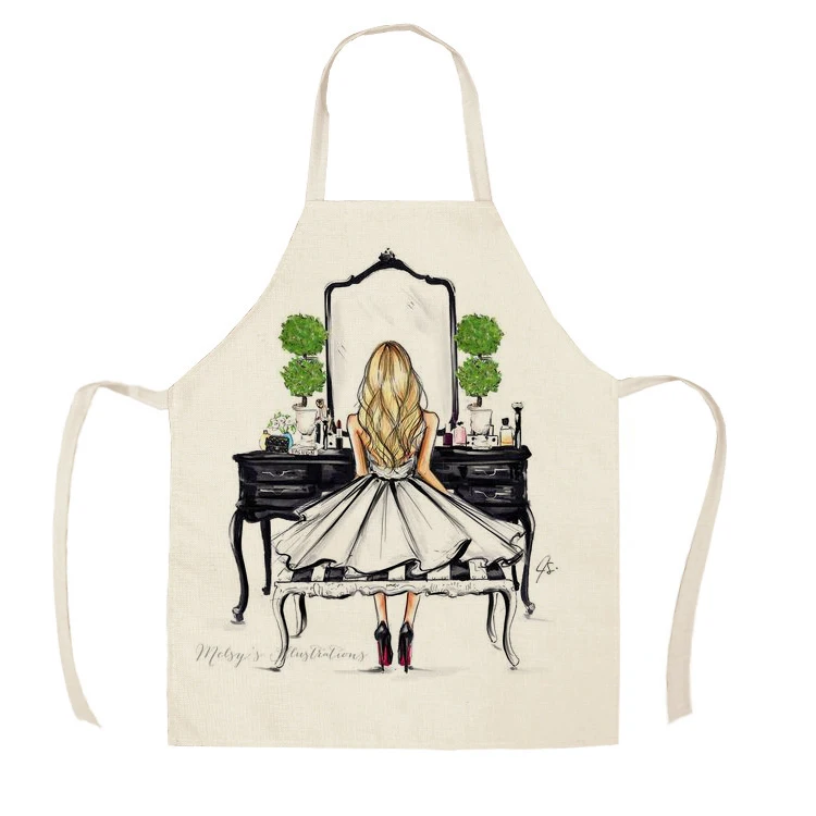 1Pcs Kitchen Apron Vogue Girls Beauty Fashion Printed Sleeveless Cotton Linen Aprons for Men Women Home Cleaning Tools55*68cm