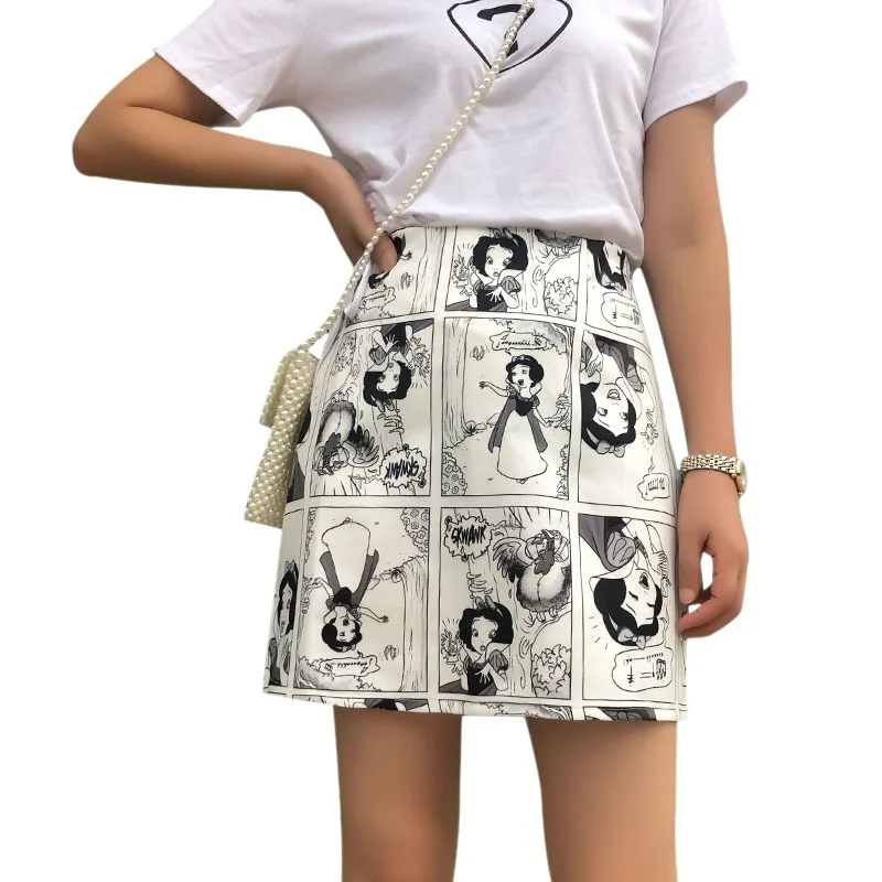 

Vintage Korean Style Skirts Retro Comic Print High Waist Wild A Line Skirt Fashion Women Bag Hip Mini Skirt