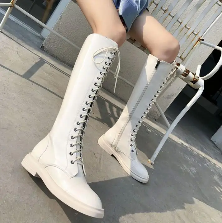 white plush in Buono Scarpe/женские высокие ботинки на шнуровке с круглым носком; женские белые ботинки из лакированной натуральной кожи; повседневные кожаные ботинки; Botas Mujer chaussures femme - Цвет: white plush in