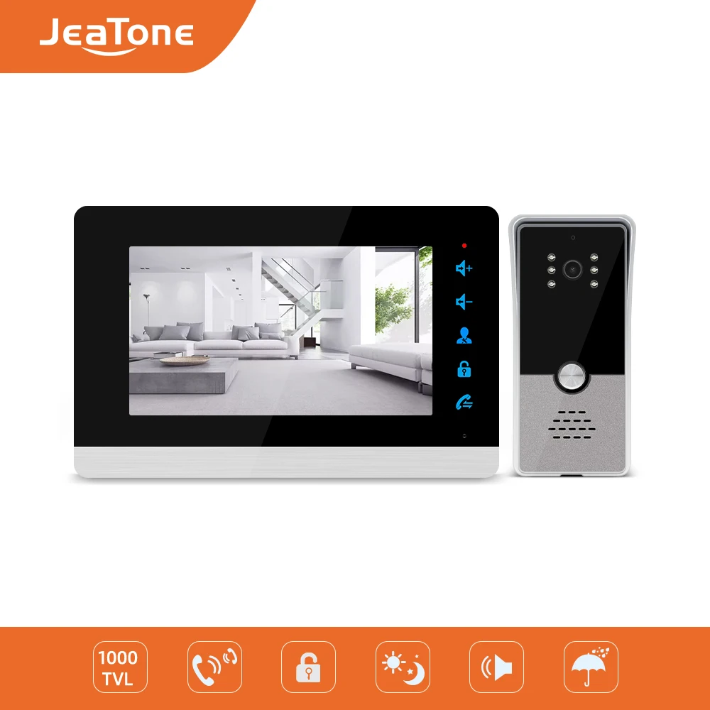 

Jeatone 7'' Video Intercom Video Door Phone System, 1000TVL Wide Angle Degree/Day and Night Vision, Support English and Russian