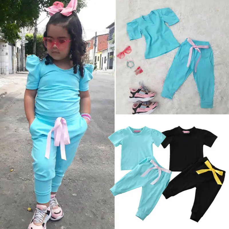 

New Summer Kids Baby Girl Clothes Short Sleeve Tops+Pants Leggings Outfit Tracksuit Solid Casual Set