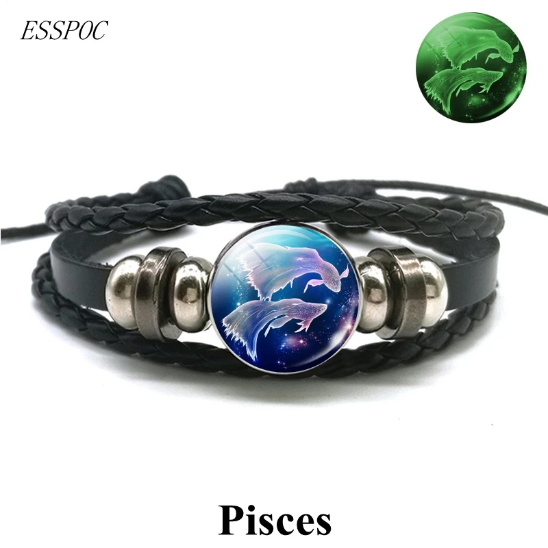Gemini Leo Libra Escorpio Sagitario 12 Constelación Pulsera luminosa Pulsera de cuero Pulsera de joyería con dije del zodiaco para hombres