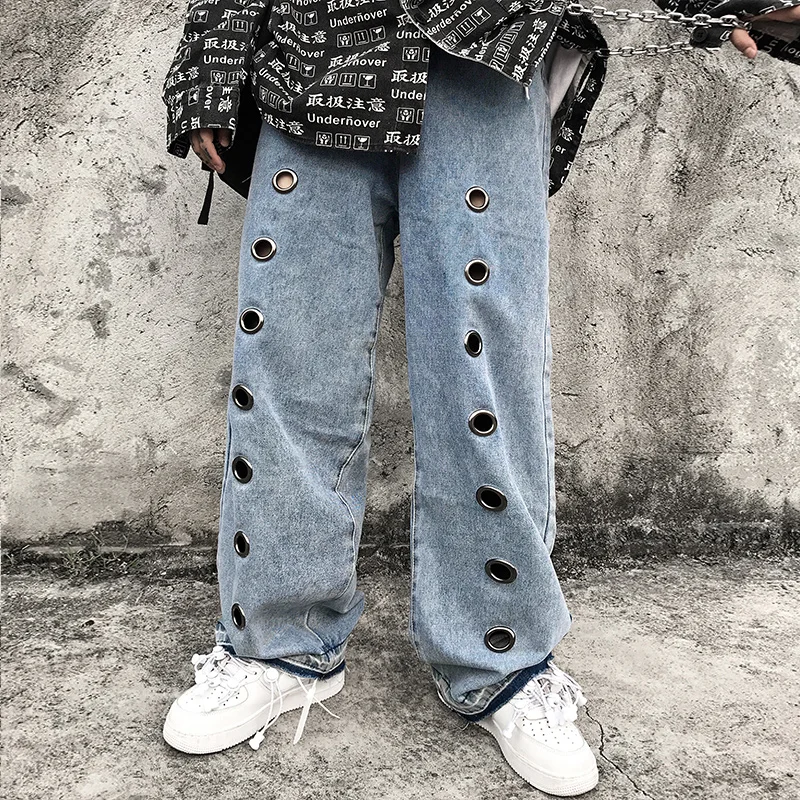 

High Street Designer Straight Jeans Decor Hole Men High Quality Mens Loose Wide Leg Denim Pan Hip Hop Autumn Winter trousers