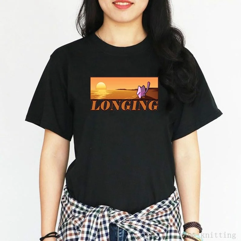 

kuakuayu HJN Longing Cat Looked at the Sunset Graphic Tee Kawaii Cotton Black White Vintage Short Sleeves Street Style T-Shirt