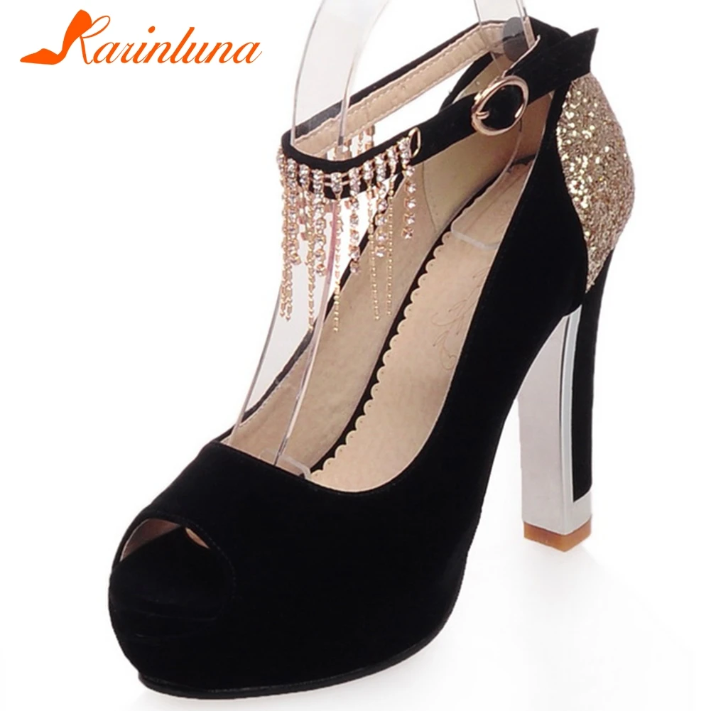 

Karinluna New Design 2020 Peep Toe Platform Party Wedding Pumps Woman Shoes Buckle Strap High Heels Bling Shoes Women Pumps