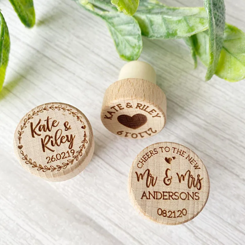 

Customized party Wood Wine Stopper Wedding Favor Personalized Bottle Cork Toppers with laser design name gift for guest