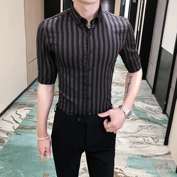 

British Style Striped Shirt Men Summer 2020 New Half Sleeve Mens Casual Shirts Slim Fit Business Formal Wear Blouse Homme 3XL-M