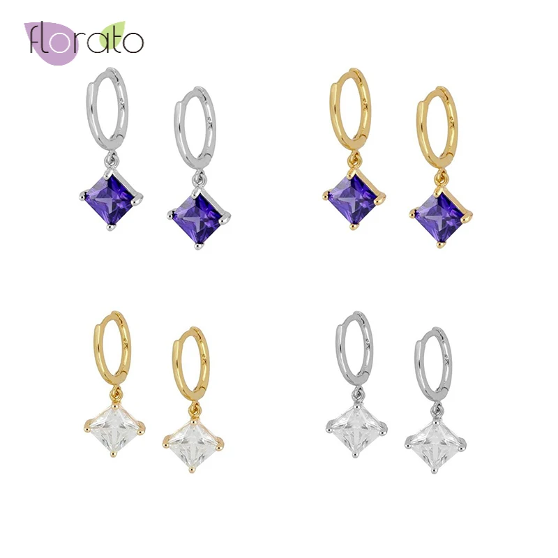 

100% Real 925 Sterling Silver Hoop Earrings for Women White/Purple Square Zircon Pendant Round Circle Earrings Silver Jewelry