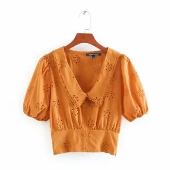 

2020 new women hollow out embroidery turn down collar casual smock blouses female puff sleeve shirts leisure chemise tops LS6544