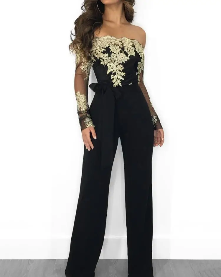Women Floral Embroidery Jumpsuits Elegant Office Lady Off Shoulder Lace Wide Leg Jumpsuit | Женская одежда