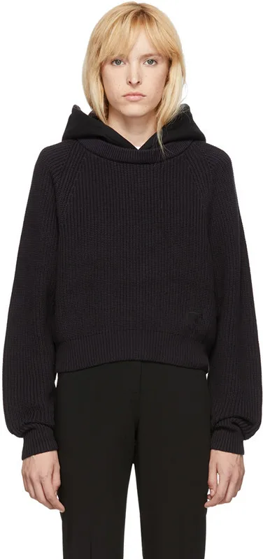 

Autumn 2019 New Hooded Sweater-thick Line Sweater Women's Stitching Hooded Long Sleeve Black Sweater Women