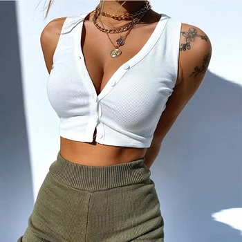 

Ladies Fashion Off Shoulder Button V-Neck Crop Top Sexy Vest Halter Black Ribbed Tank Top Women Summer Casual White Tank Tops