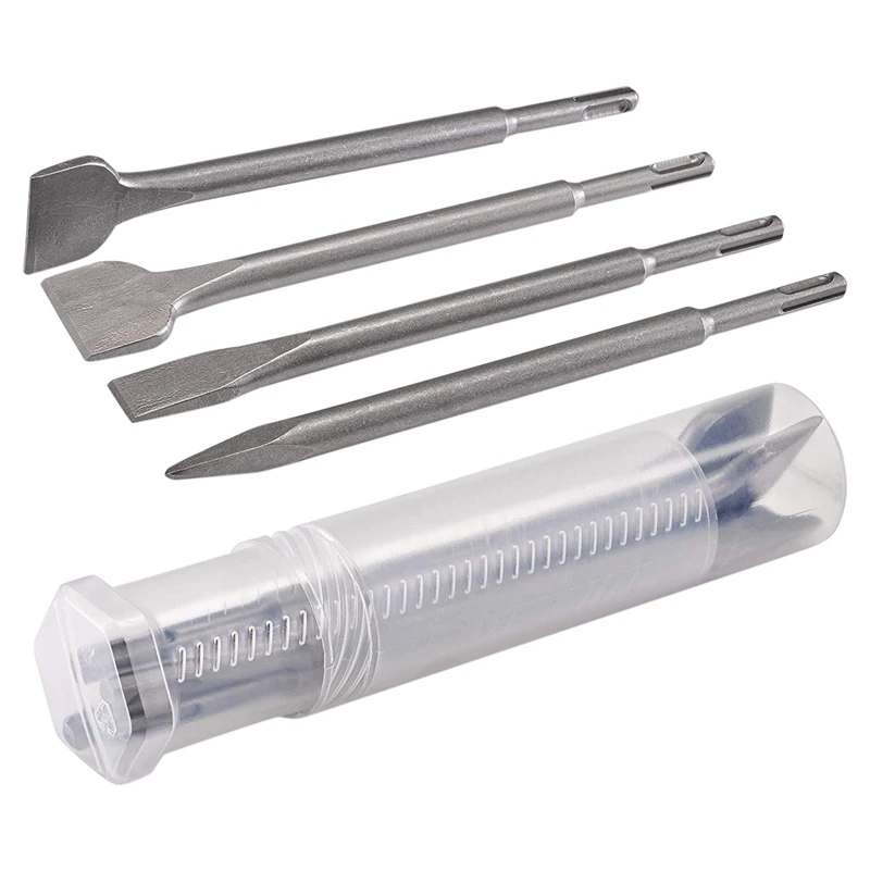 

4-Piece Round Shank Chisel Set with Pointed Flat Impact Drill Bits for Concrete Wall Grooves with Tile Chisels