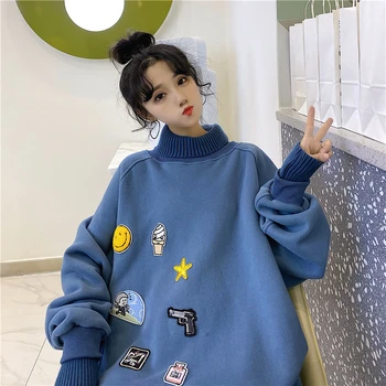 

2020 Autumn Over Size Sweaters For Women Harajuku Cartoon Embroidery High Collar Sweaters Women BF Style Loose Soft Sweater