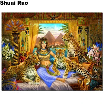 

5D Diy full round square diamond embroidery Cleopatra diamond painting mosaic Egypt beauty leopard pictures of rhinestones,