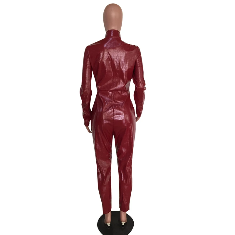 Red Black PU Leather Jumpsuit Front Zipper Sexy V Neck Erotic Spandex Skinny Romper with Belt Night Club Overalls Latex Costumes
