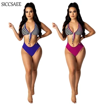 

Plaid Printed Bodycon Bodysuit Hole Cut Out Front Bandage Jumpsuits And Rompers Shorts Sexy One Piece Leotard Beach Style Summer