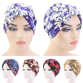 

Arab Women Indian Hat Turban Hat Printed Chemo Cap Fashion Head Cover Hair Loss Beanie Bonnet Headwrap Muslim Accessories New