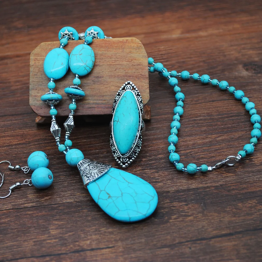 GOMYIE Vintage Jewelry Turquoise Ethnic Style Earring Necklace Bracelet Jewelry Set For Women blue