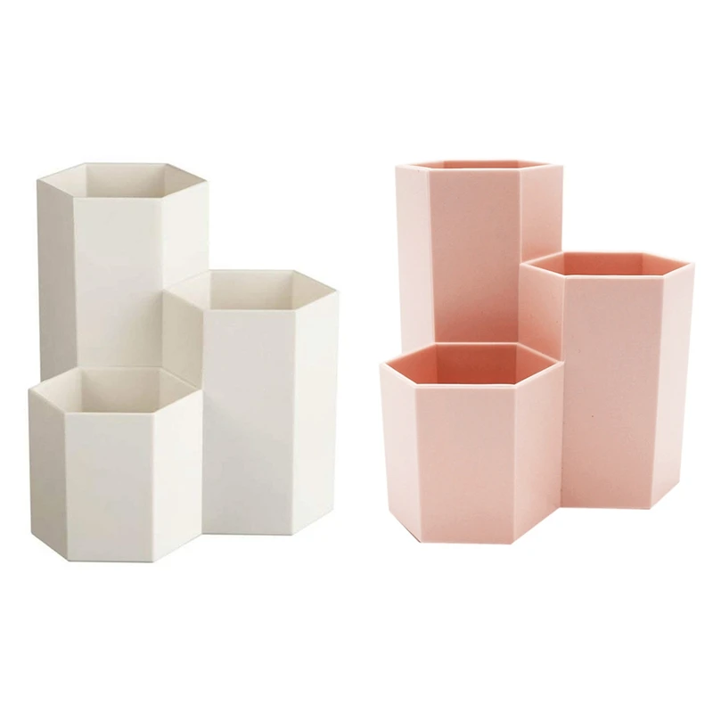 

2Pc Novelty Hexagon Pencil Pen Holder Desk Storage Box Organizer Business Desktop Stationery Office School Gift Creamy-White & P