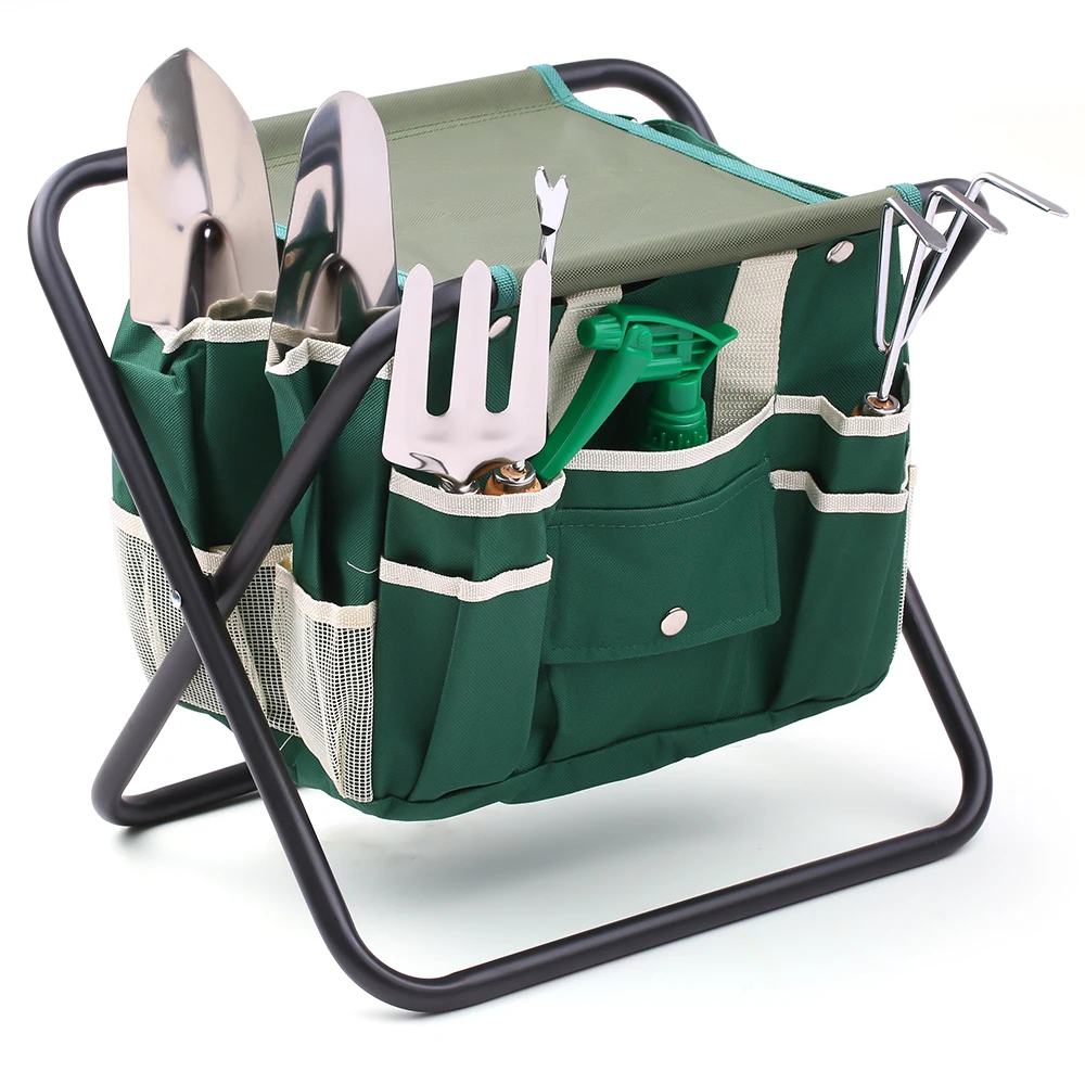 

7 Piece Garden Tools Set Hand Rake Hand Fork Trowel Transplanter Weeder Watering Can Convenient Folding Gardening Seat