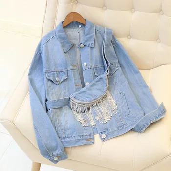 

2019 New Spring Autumn All-match Long Sleeve Outwear Solid Color Loose Denim Jackets Coats + Tassel Rhinestone Chain Waist Bag